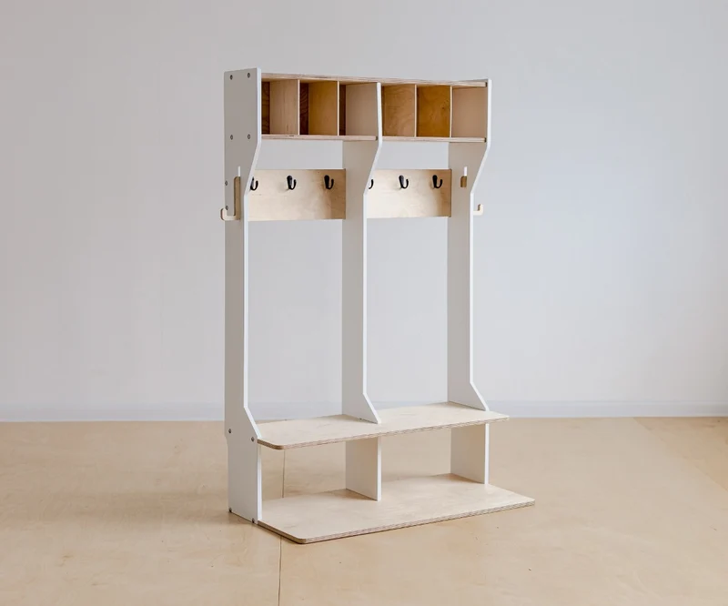 Doppelte Kindergarderobe mit Sitzbank – Geschwister-Garderobe aus Holz