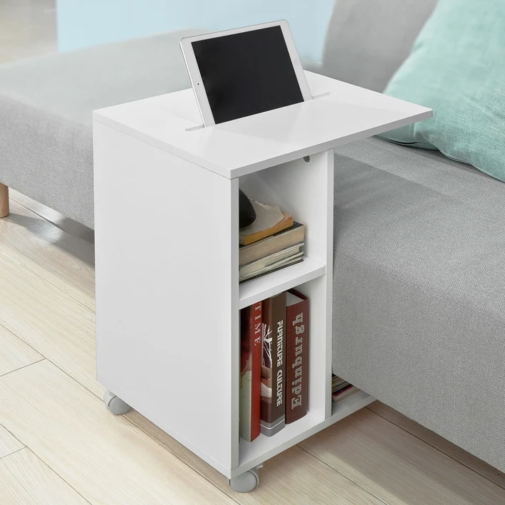 SoBuy | Beistelltisch für Ipad | Sofatisch auf Rollen | Zeitungsständer weiß | FBT48-W