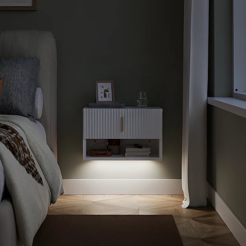 SoBuy Nachttisch hängend mit Sensorlicht und Schublade Weiß FBT176-E-W