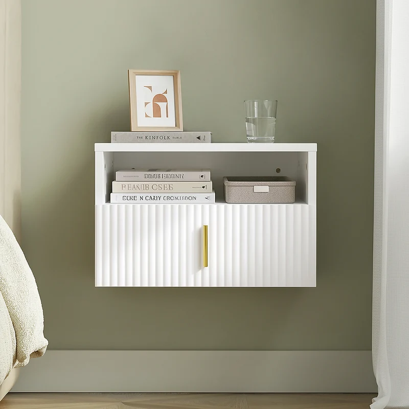SoBuy Nachttisch hängend mit Sensorlicht und Schublade Weiß FBT176-E-W