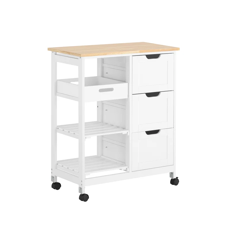 SoBuy FKW79-W Biały Wózek Kuchenny z 3 Szufladami, 2 Półkami i Zdejmowaną Tacą – 67×37×84 cm, Nośność 50 kg