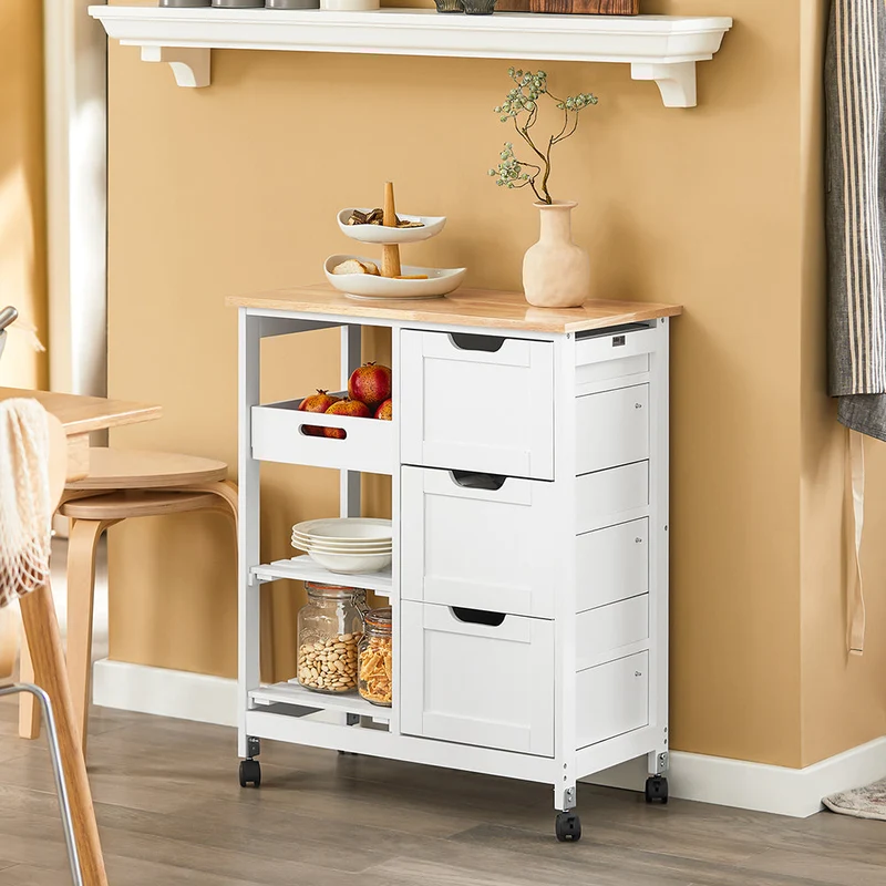 SoBuy FKW79-W Biały Wózek Kuchenny z 3 Szufladami, 2 Półkami i Zdejmowaną Tacą – 67×37×84 cm, Nośność 50 kg