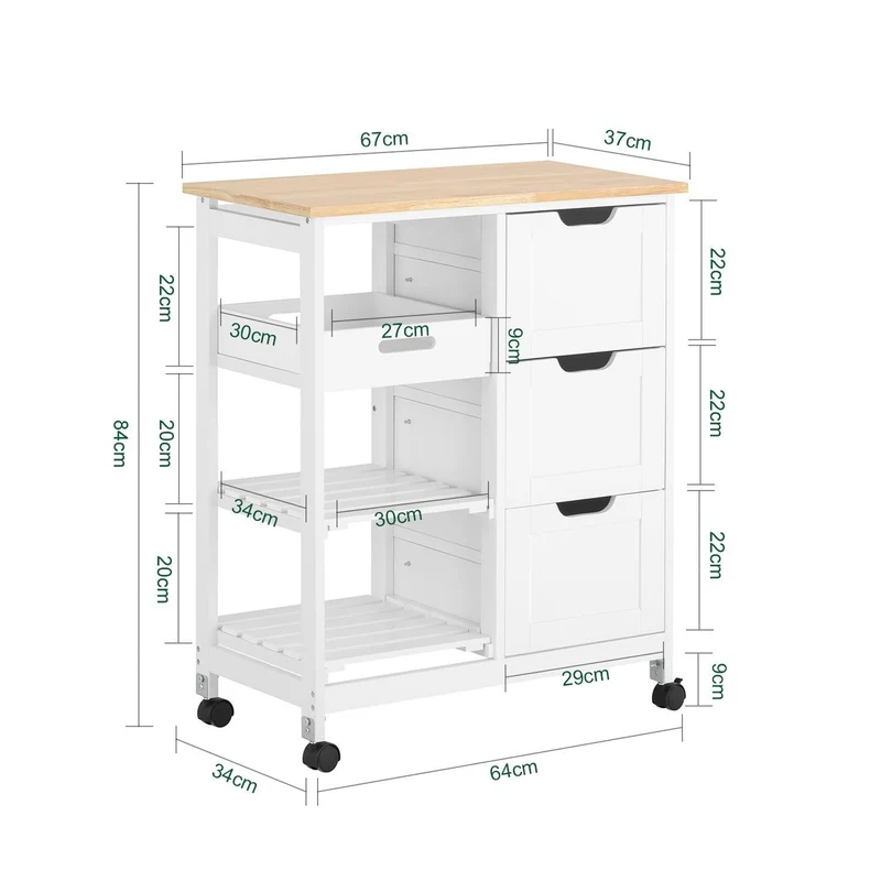 SoBuy FKW79-W Biały Wózek Kuchenny z 3 Szufladami, 2 Półkami i Zdejmowaną Tacą – 67×37×84 cm, Nośność 50 kg