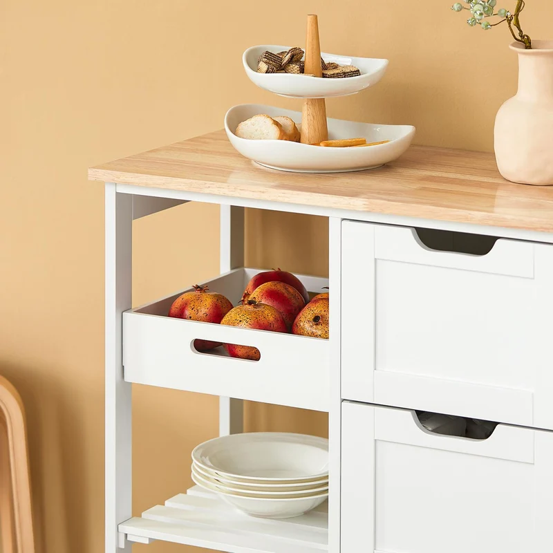 SoBuy FKW79-W Biały Wózek Kuchenny z 3 Szufladami, 2 Półkami i Zdejmowaną Tacą – 67×37×84 cm, Nośność 50 kg