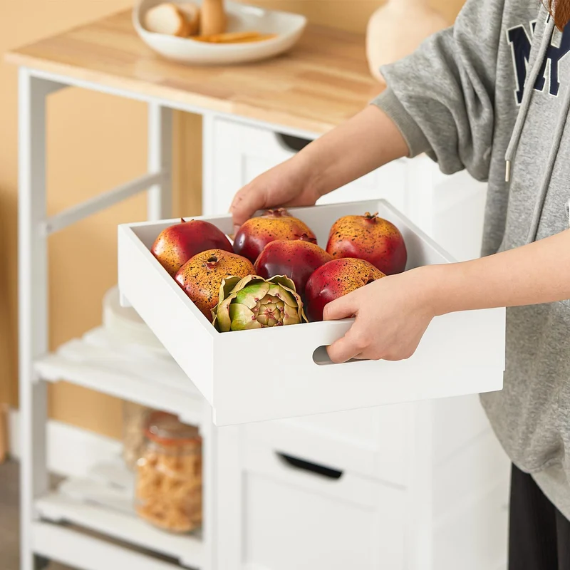 SoBuy FKW79-W Biały Wózek Kuchenny z 3 Szufladami, 2 Półkami i Zdejmowaną Tacą – 67×37×84 cm, Nośność 50 kg