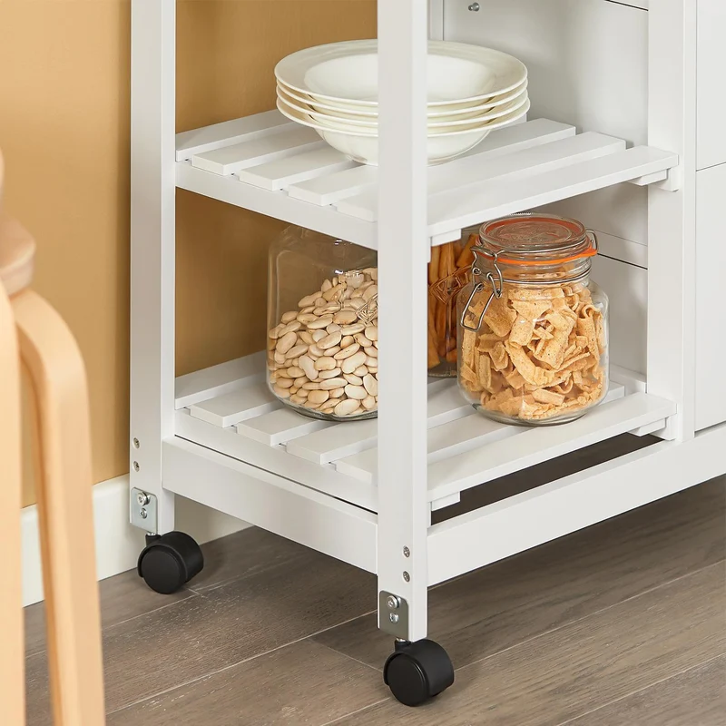 SoBuy FKW79-W Biały Wózek Kuchenny z 3 Szufladami, 2 Półkami i Zdejmowaną Tacą – 67×37×84 cm, Nośność 50 kg