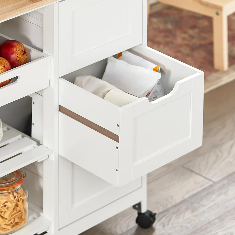 SoBuy FKW79-W Biały Wózek Kuchenny z 3 Szufladami, 2 Półkami i Zdejmowaną Tacą – 67×37×84 cm, Nośność 50 kg