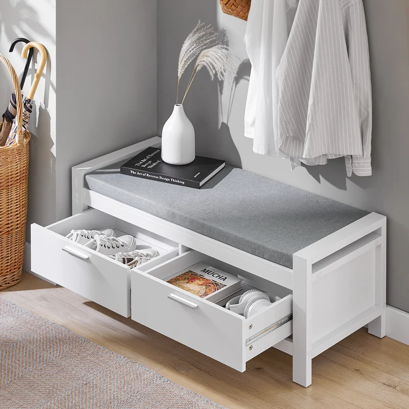 SoBuy FSR74-W Kenkäteline Penkki – Käytännöllinen Kenkäteline ja Säilytyspenkki Tyynyllä – Säilytysratkaisu Kenkille ja Asusteille, Valkoinen, 100x40x40cm