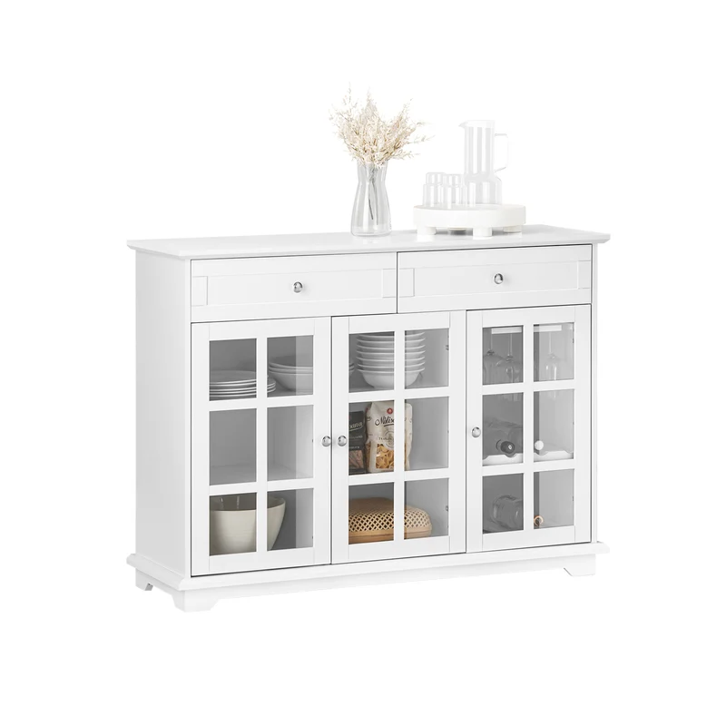 SoBuy FSB77-W – Tyylikäs matala senkki 3 lasiovella ja 2 laatikolla, 119 × 40 × 90 cm, valkoinen