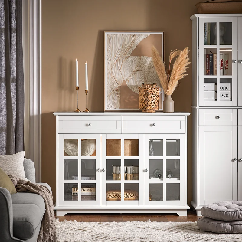 SoBuy FSB77-W – Tyylikäs matala senkki 3 lasiovella ja 2 laatikolla, 119 × 40 × 90 cm, valkoinen