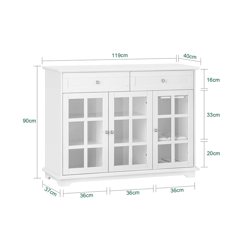 SoBuy FSB77-W – Tyylikäs matala senkki 3 lasiovella ja 2 laatikolla, 119 × 40 × 90 cm, valkoinen