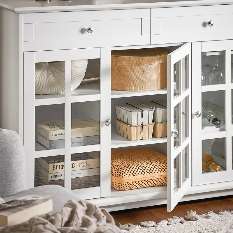 SoBuy FSB77-W – Tyylikäs matala senkki 3 lasiovella ja 2 laatikolla, 119 × 40 × 90 cm, valkoinen