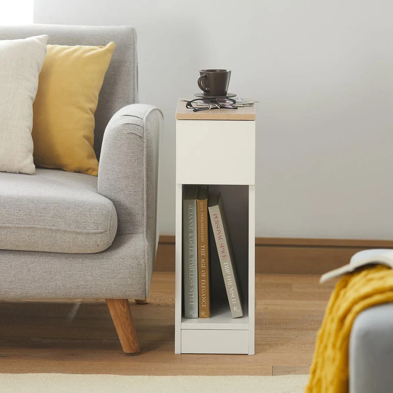 SoBuy FBT111-WN Wąska Szafka Nocna z Szufladą i Półką – 20×35×60 cm, Nośność 20 kg, Biały i Naturalny