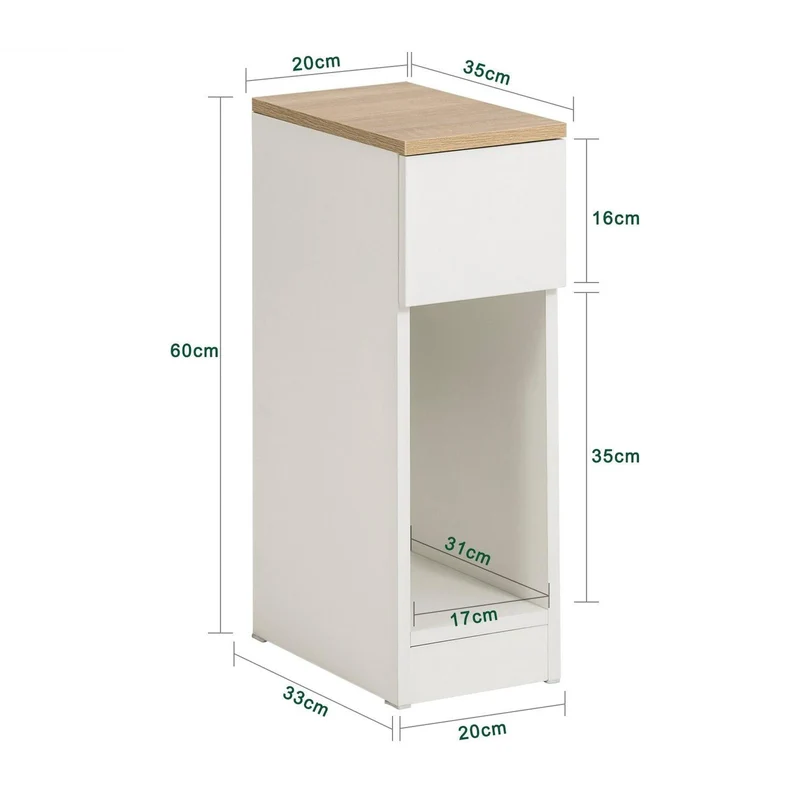 SoBuy FBT111-WN Wąska Szafka Nocna z Szufladą i Półką – 20×35×60 cm, Nośność 20 kg, Biały i Naturalny
