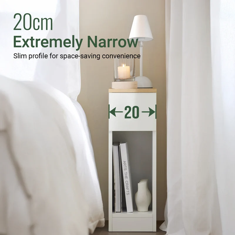 SoBuy FBT111-WN Wąska Szafka Nocna z Szufladą i Półką – 20×35×60 cm, Nośność 20 kg, Biały i Naturalny