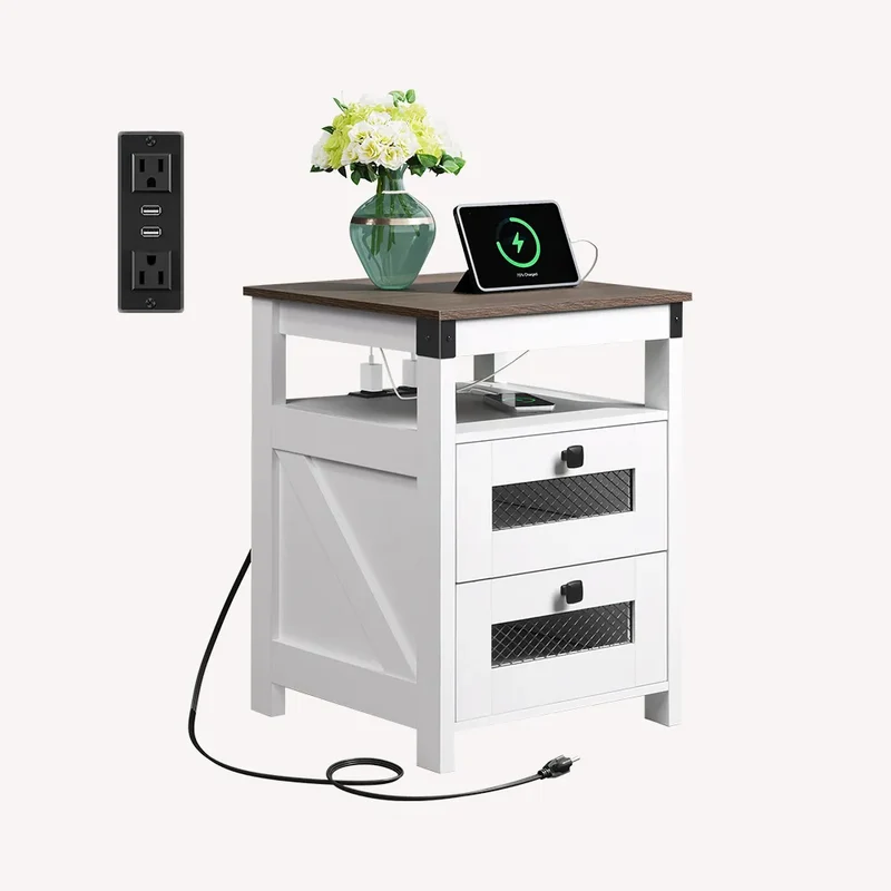 WLIVE Farmhouse 2 Drawer Wood Nightstand with Charging Station