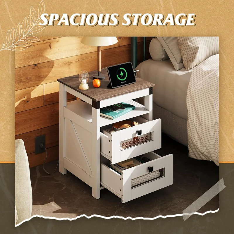 WLIVE Farmhouse 2 Drawer Wood Nightstand with Charging Station
