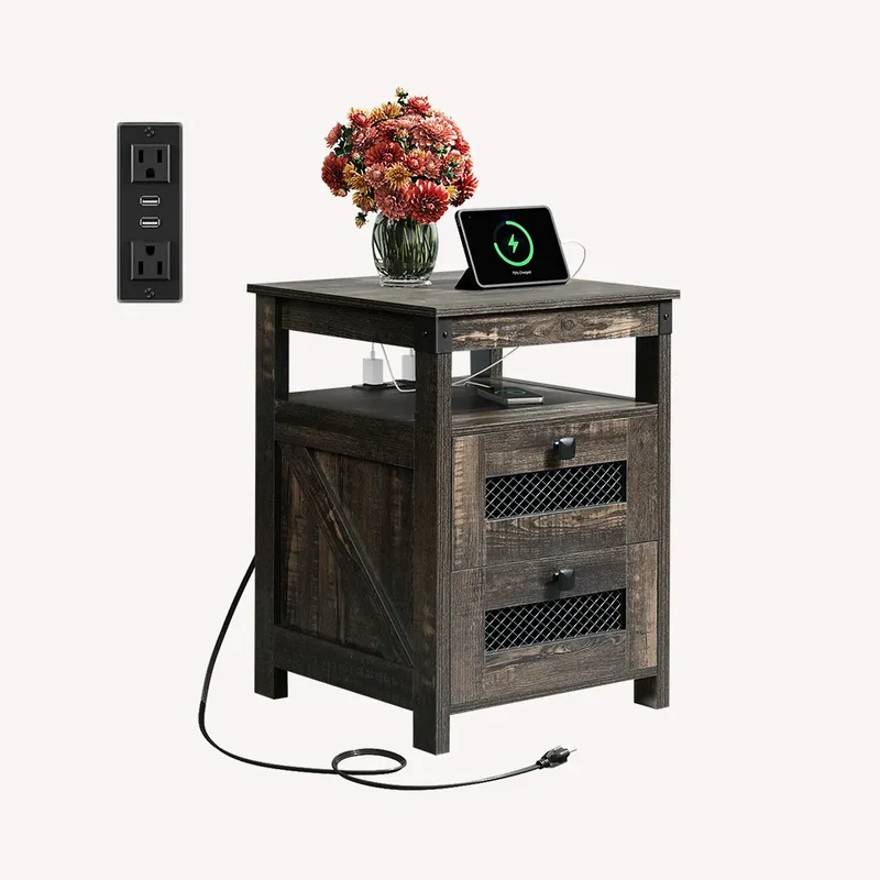 WLIVE Farmhouse 2 Drawer Wood Nightstand with Charging Station
