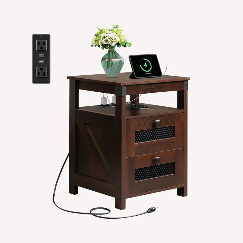 WLIVE Farmhouse 2 Drawer Wood Nightstand with Charging Station
