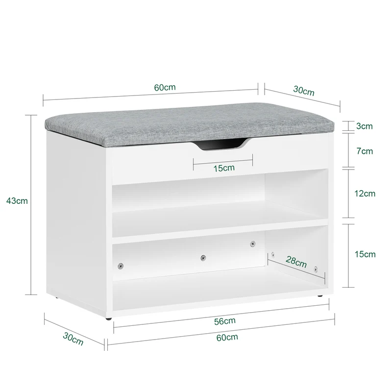 SoBuy FSR25-HG Kenkäpenkki Tyynyllä – Säilytystila Istuimen Alla, Kansi Pysyy Auki, Enimmäiskuormitus 120 kg, L60 × S30 × K44 cm, Helmenharmaa
