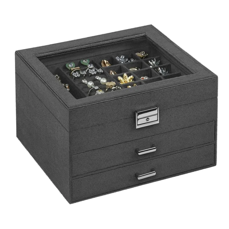 Schmuckbox mit 3 Ebenen und Glasdeckel