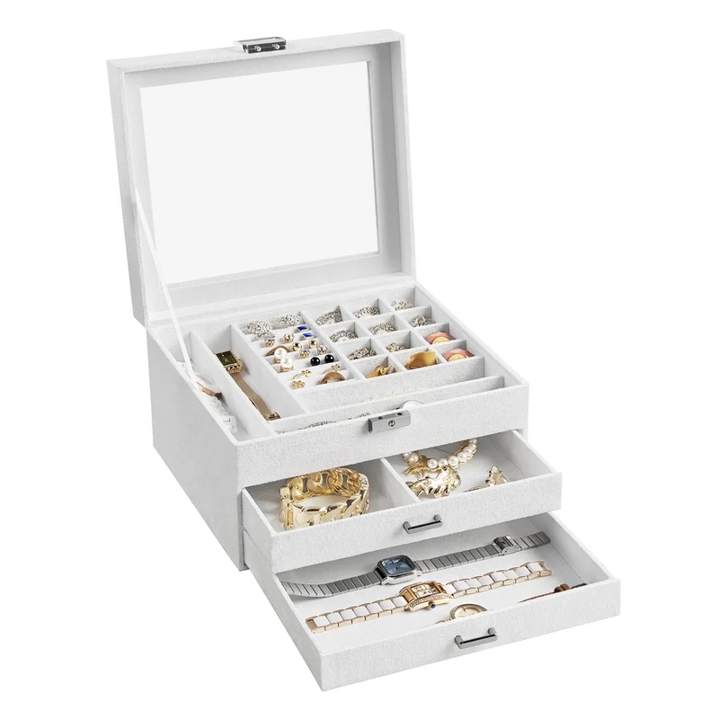 Schmuckbox mit 3 Ebenen und Glasdeckel