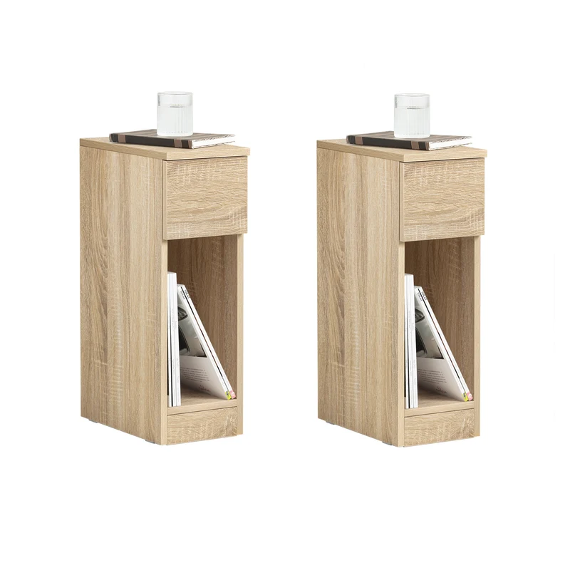 SoBuy | Nachttisch 2er Set schmal | mit Schublade Natur | FBT111-Nx2