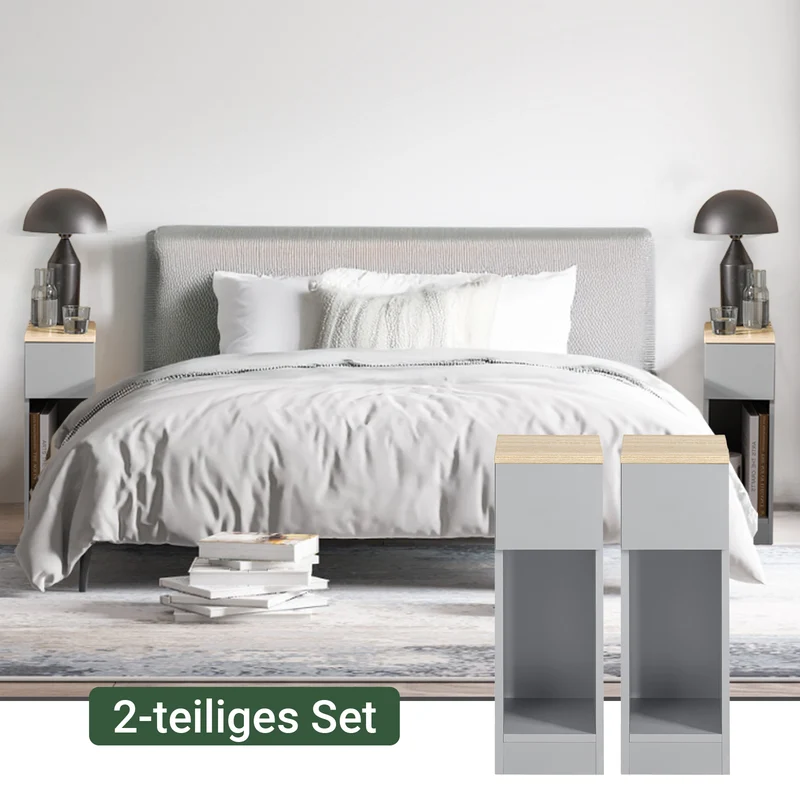 SoBuy Nachttisch 2er Set schmal Beistelltisch mit Schublade Hellgrau 20x60x35cm FBT111-HGx2