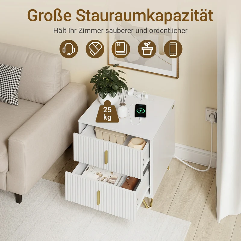 SoBuy | Nachttisch mit 2 Schubladen | Ladefunktion | USB und Type-C | Weiß | FBT115-E-W