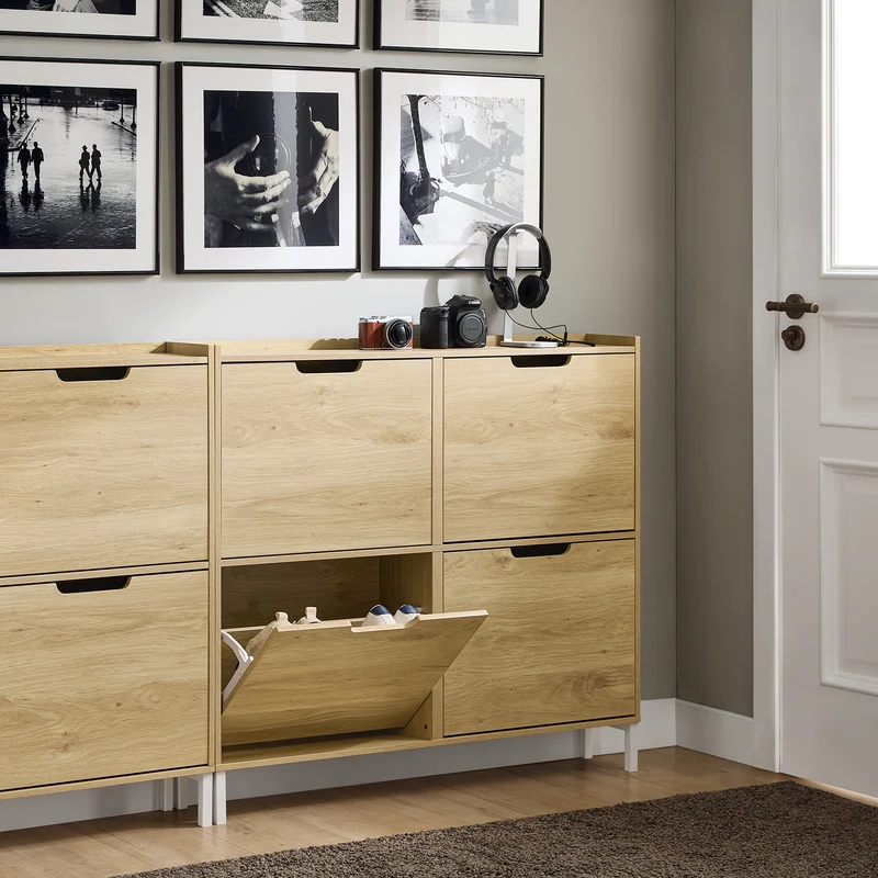 SoBuy FSR100-N Kapea Kenkäkaappi 4 Läpällä – Vain 19 cm Syvä, Seinäkiinnike, Enimmäiskuormitus 24 kg, L100 × S19 × K90 cm, Luonnonbeige