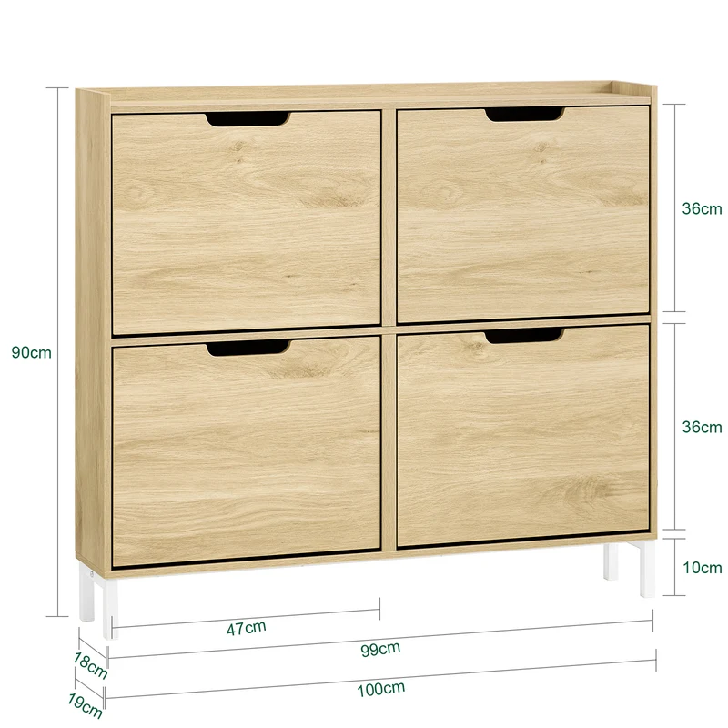 SoBuy FSR100-N Kapea Kenkäkaappi 4 Läpällä – Vain 19 cm Syvä, Seinäkiinnike, Enimmäiskuormitus 24 kg, L100 × S19 × K90 cm, Luonnonbeige