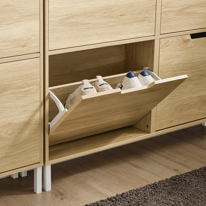 SoBuy FSR100-N Kapea Kenkäkaappi 4 Läpällä – Vain 19 cm Syvä, Seinäkiinnike, Enimmäiskuormitus 24 kg, L100 × S19 × K90 cm, Luonnonbeige
