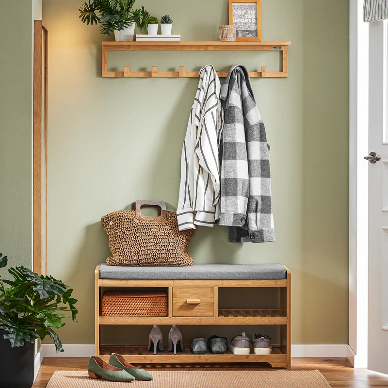 SoBuy FSR75-N Säilytyspenkki Pehmustetulla Istuimella – 91 × 34 × 45 cm, 180 kg, Bambu, Luonnonväri