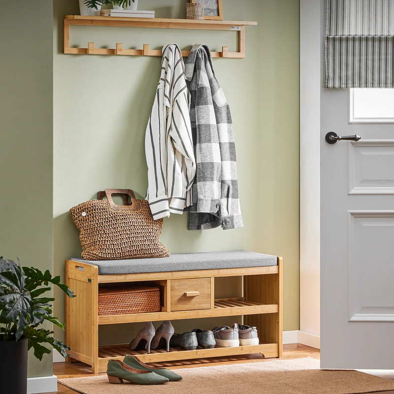 SoBuy FSR75-N Säilytyspenkki Pehmustetulla Istuimella – 91 × 34 × 45 cm, 180 kg, Bambu, Luonnonväri