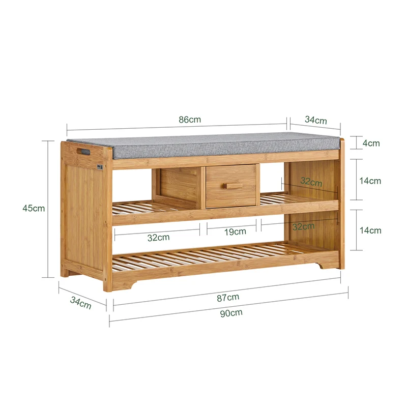 SoBuy FSR75-N Säilytyspenkki Pehmustetulla Istuimella – 91 × 34 × 45 cm, 180 kg, Bambu, Luonnonväri