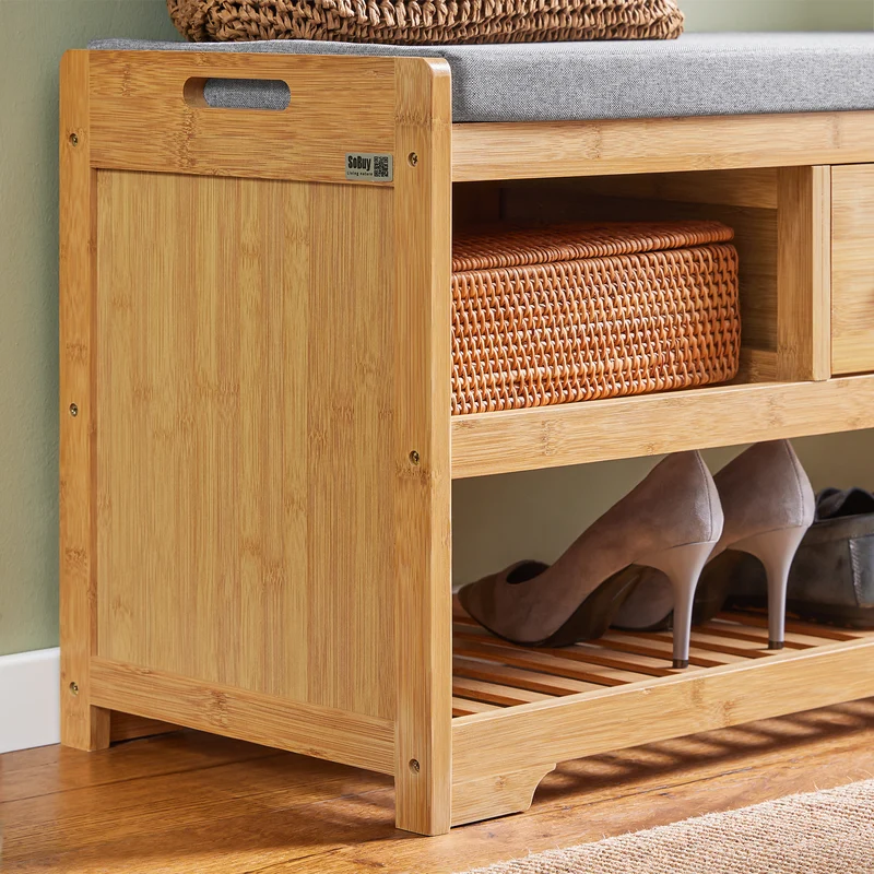SoBuy FSR75-N Säilytyspenkki Pehmustetulla Istuimella – 91 × 34 × 45 cm, 180 kg, Bambu, Luonnonväri