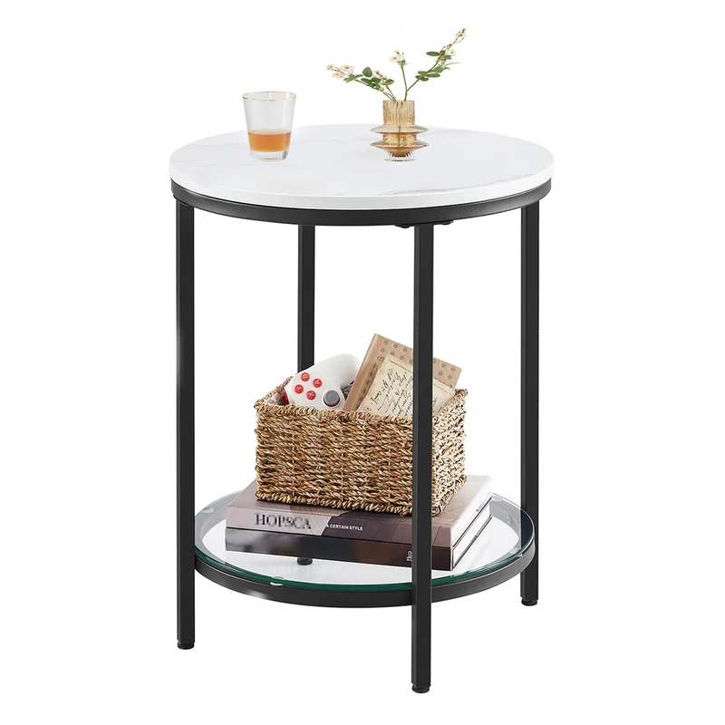 Beistelltisch 2 Ebenen in weißer Marmoroptik mit schwarzem Gestell