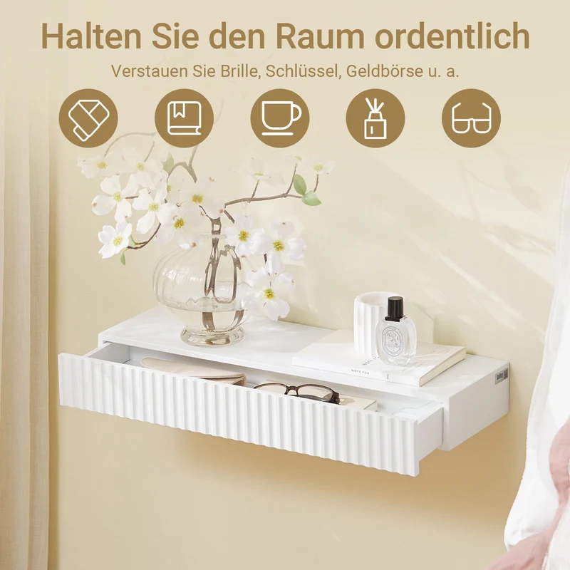 Vorverkauf SoBuy | Schweberegal | mit Schublade | LED-Bewegungssensor-Licht | Wandschublade Weiß | FHK38-W
