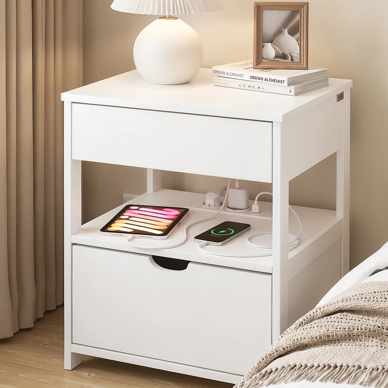 SoBuy FRG258-II-E-W Stolik nocny z 2 szufladami i gniazdkiem USB, biały, 45×38×55 cm