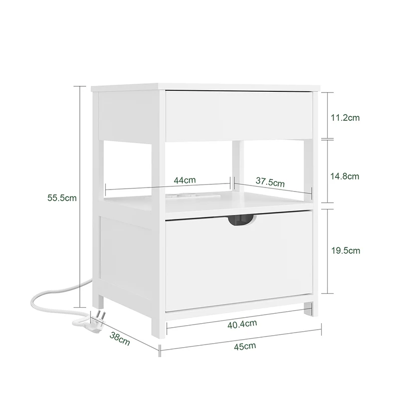 SoBuy FRG258-II-E-W Stolik nocny z 2 szufladami i gniazdkiem USB, biały, 45×38×55 cm