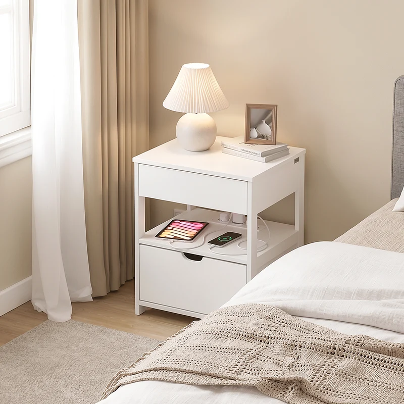 SoBuy FRG258-II-E-W Stolik nocny z 2 szufladami i gniazdkiem USB, biały, 45×38×55 cm