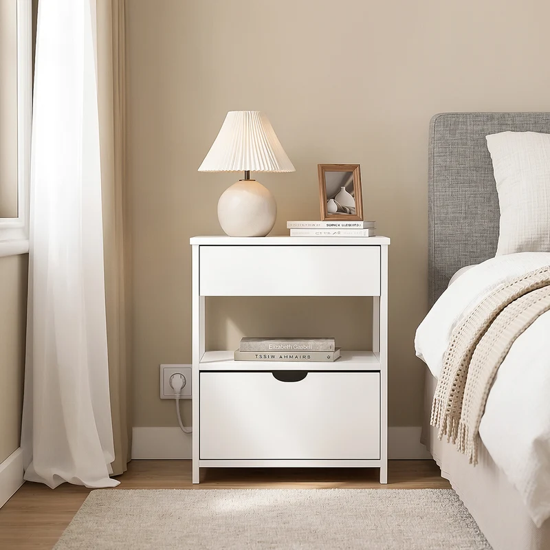 SoBuy FRG258-II-E-W Stolik nocny z 2 szufladami i gniazdkiem USB, biały, 45×38×55 cm