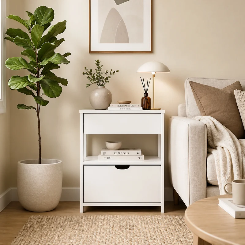 SoBuy FRG258-II-E-W Stolik nocny z 2 szufladami i gniazdkiem USB, biały, 45×38×55 cm