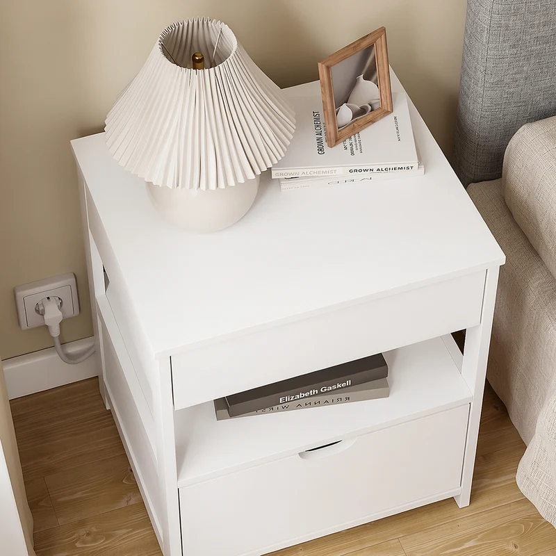 SoBuy FRG258-II-E-W Stolik nocny z 2 szufladami i gniazdkiem USB, biały, 45×38×55 cm