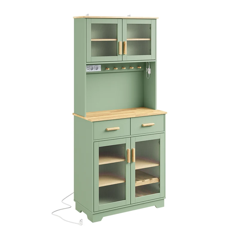 SoBuy | Szafka kuchenna stojąca z blatem z litego drewna | Kredens kuchenny z szufladami i drzwiami szklanymi | 80×38×180 cm | Nośność 109 kg | FSB108-E-GR