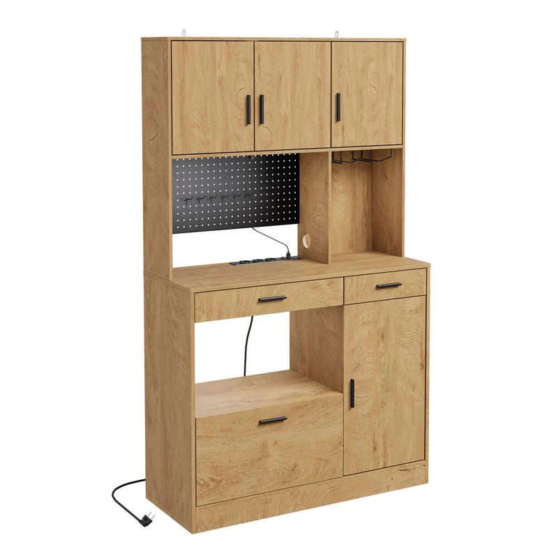 SoBuy | Szafka kuchenna stojąca Light Oak z 3 szufladami | Kredens z blatem i gniazdkami | Regał kuchenny z oświetleniem LED | 100×40×170 cm | Nośność 100 kg | FSB98-L-E-N