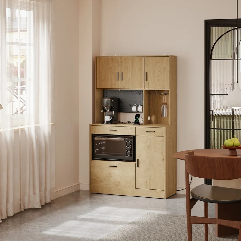 SoBuy | Szafka kuchenna stojąca Light Oak z 3 szufladami | Kredens z blatem i gniazdkami | Regał kuchenny z oświetleniem LED | 100×40×170 cm | Nośność 100 kg | FSB98-L-E-N