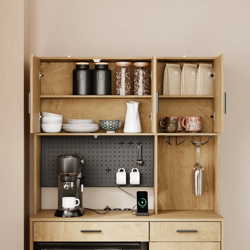 SoBuy | Szafka kuchenna stojąca Light Oak z 3 szufladami | Kredens z blatem i gniazdkami | Regał kuchenny z oświetleniem LED | 100×40×170 cm | Nośność 100 kg | FSB98-L-E-N