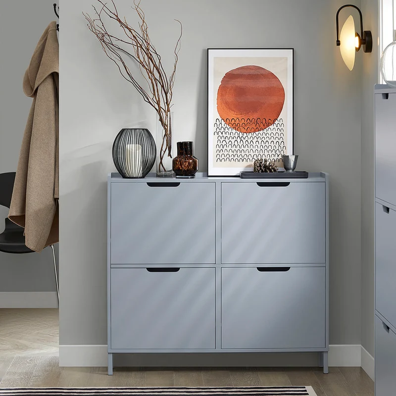 SoBuy FSR100-HG Kapea Kenkäkaappi 4 Ovella – Vain 19 cm Syvä, Seinäkiinnike, Enimmäiskuormitus 60 kg, L100 × S19 × K91 cm, Helmenharmaa