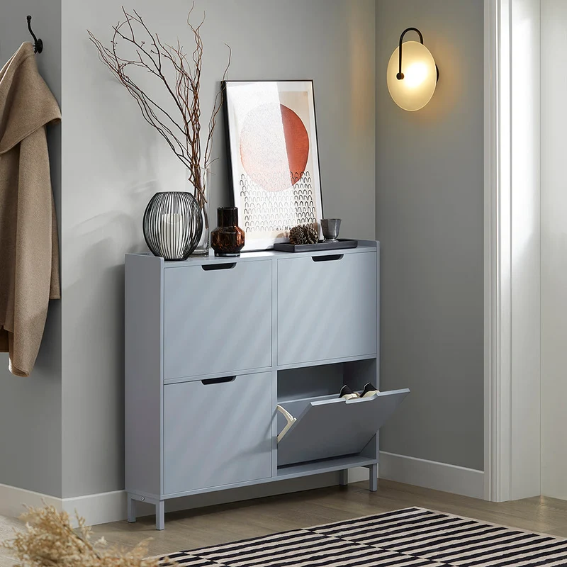 SoBuy FSR100-HG Kapea Kenkäkaappi 4 Ovella – Vain 19 cm Syvä, Seinäkiinnike, Enimmäiskuormitus 60 kg, L100 × S19 × K91 cm, Helmenharmaa